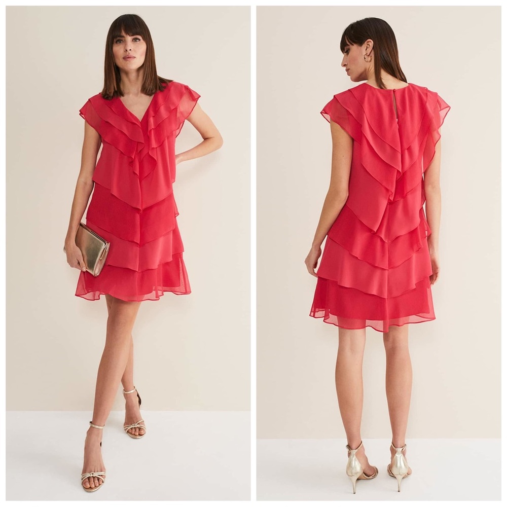 •PHASE EIGHT• Sage Pleated Ruffle Mini Dress in Raspberry‎ Size 2